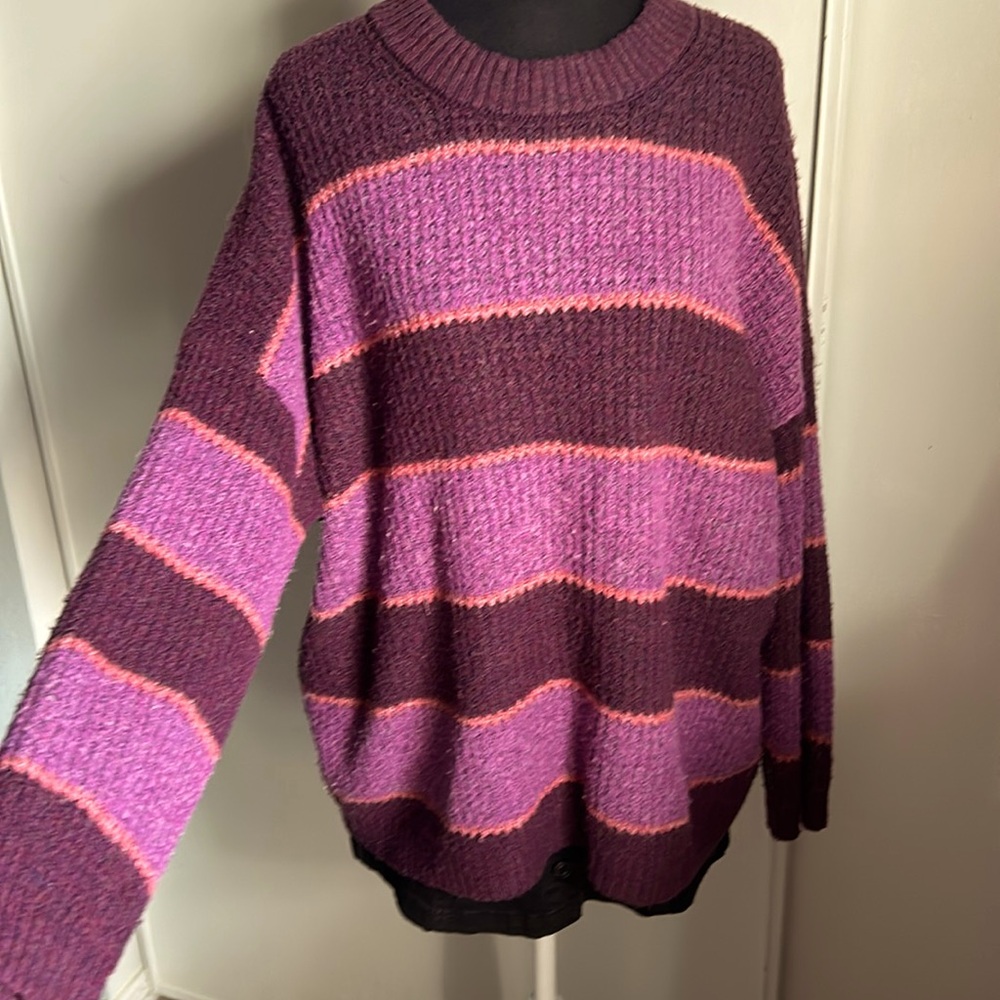 American Eagle Oversized Drop Shoulder Striped Fuzzy Sweater